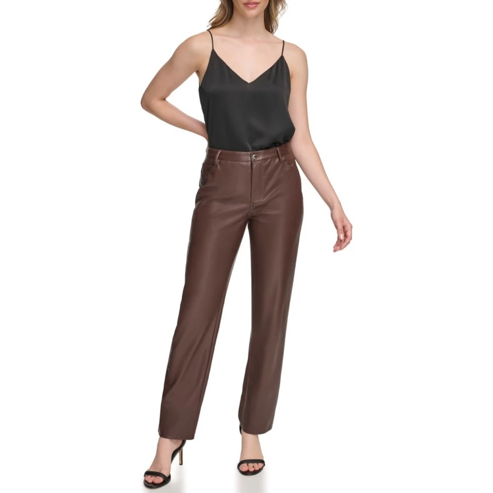 Calvin Klein Faux Leather Brown Straight Leg Pants - Picture 3 of 8